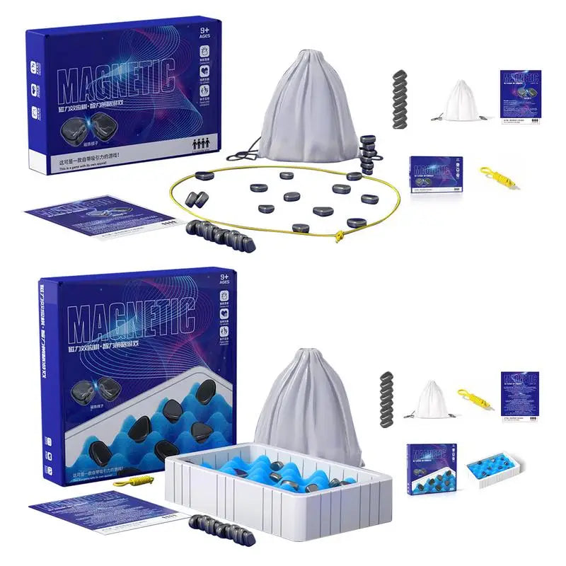 Magnetic building toy set with colorful pieces, storage bag, and activity guide for kids 9+