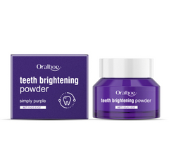 Purple Oralhoe teeth brightening powder jar and box, simply purple formula for whitening