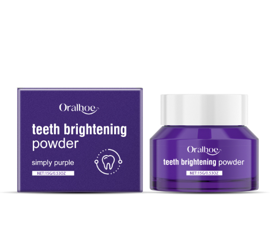 Purple Oralhoe teeth brightening powder jar and box, simply purple formula for whitening