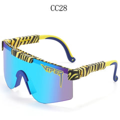 Stylish blue-tinted shield sunglasses with yellow-black zebra print frames, perfect for trendy fashion gifts