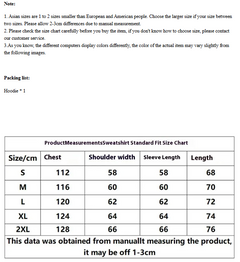 Sweatshirt size chart with chest, shoulder, sleeve, and length measurements for S to 2XL