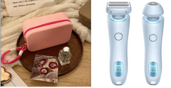 Pink travel case with accessories and blue electric shavers for personal grooming