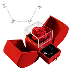 Red rose in clear box with 'MAMA' necklace, perfect gift for mom or family