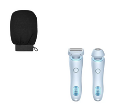Rechargeable women's epilator and shaver set with black exfoliating glove, ideal gift for personal care