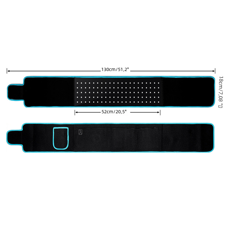 Black fitness waist trimmer with blue trim, adjustable size for home workouts