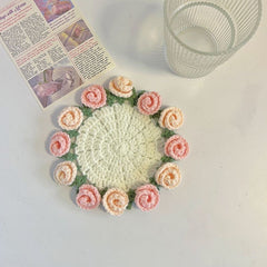 Handmade crochet coaster with pink roses, perfect gift for home decor or tea time