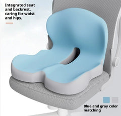 Blue and gray ergonomic seat cushion with backrest for waist and hip support
