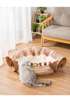 Gray cat exploring cozy brown cat tunnel bed with coffee cup print, perfect pet gift for home