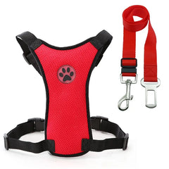 Red dog harness with paw print and matching leash for safe walks