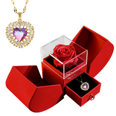 Red rose in clear box with heart pendant necklace, perfect romantic gift set for loved ones
