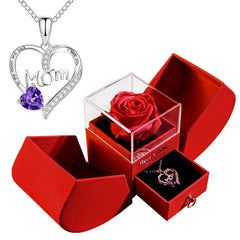 Mom heart necklace with purple gem & preserved red rose in gift box, perfect family gift