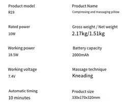 Compressing and massaging pillow specs: kneading technique, 2000mAh battery, 10-min auto timer, R19 model