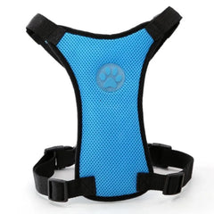 Blue mesh dog harness with paw print design, adjustable black straps for small pets