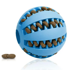 Blue interactive dog treat ball with kibble inside, perfect for pet play and training