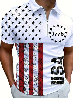 Men's patriotic polo shirt with USA flag design, stars, stripes, and 1776 graphic for 4th of July