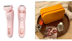 Pink electric shaver and epilator set with travel case, perfume, and accessories for personal grooming gifts