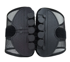 Black back brace with adjustable straps and massage nodes for lumbar support