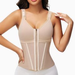Beige waist trainer with front zipper and adjustable straps for body shaping