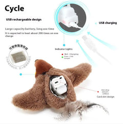 USB rechargeable cat toy with feather, indicator lights, and replaceable catnip pouch for interactive play