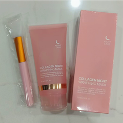 Pink Collagen Night Wrapping Mask tube, box, and applicator brush for nighttime skincare routine