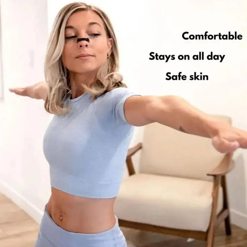 Woman wearing nose strip for comfortable all-day use, safe for skin, in light blue activewear