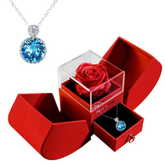 Blue crystal pendant necklace with red rose in gift box, perfect for family or loved ones