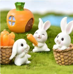 Adorable white bunny figurines with carrot house and baskets, perfect for garden or home decor gifts