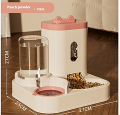 Pink automatic pet feeder with water dispenser, 27cm tall, holds dry food and water for cats or dogs