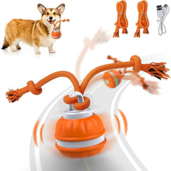 Orange automatic dog toy with spinning rope tails, USB charging, for playful pets
