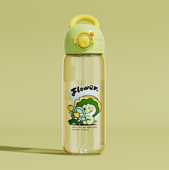 Cute kids water bottle with flower cartoon design, green lid, and straw for daily hydration