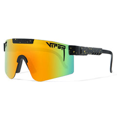 Viper brand sport sunglasses with gradient orange-green mirrored lens and black speckled frame