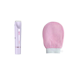 Pink electric trimmer and exfoliating bath glove for personal care