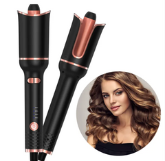 Black and rose gold automatic hair curler with temperature settings, creates beautiful curls for women