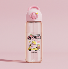 Pink kids water bottle with cute dinosaur sunshine design, perfect for family gifts