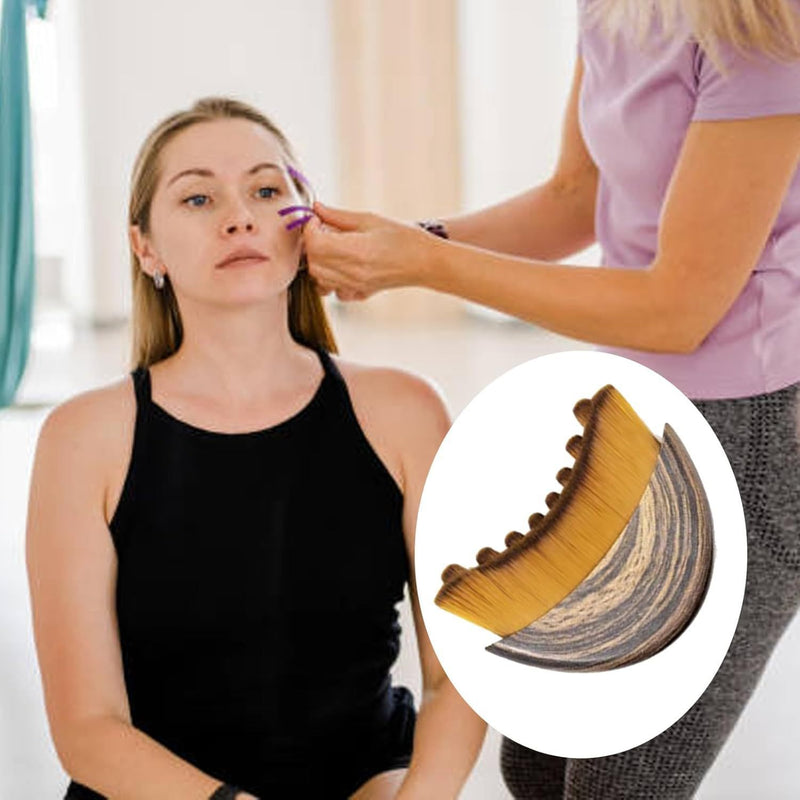 Facial massage comb in use, wooden and purple tools for skincare and relaxation
