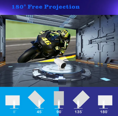 180° free projection projector displaying motorcycle race on wall, ideal for home entertainment gifts