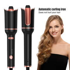 Automatic curling iron with rose gold accents, safe for hair, shown with wavy hairstyle