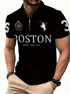 Men's black Boston polo shirt with 'Love Your Life' slogan, rider logo, and sleeve numbers for casual wear