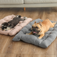 Two dogs resting on cozy, plush pet beds on hardwood floor, perfect for family pets