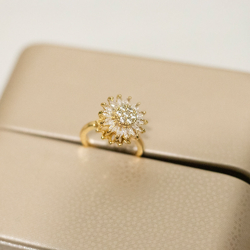 Gold sunflower ring with sparkling crystals, perfect gift for her