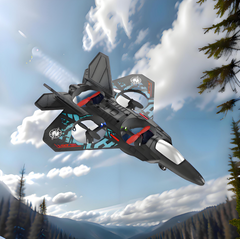 Black and blue RC jet drone flying over mountains with red propellers, perfect gift for kids and aviation fans