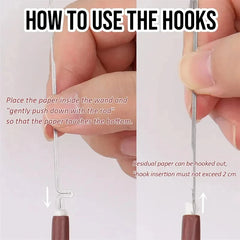 How to use paper removal hooks: insert paper, push down, hook out residue under 2cm