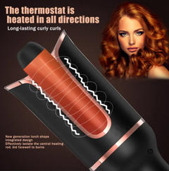 Black and rose gold curling wand with 360° heating for long-lasting curly curls, safe torch design