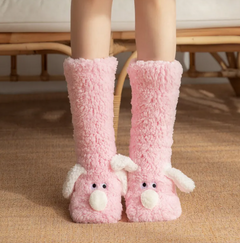 Pink fluffy bunny slippers for cozy home wear, soft plush comfort for women and girls