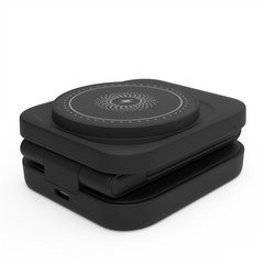 Compact black wireless charging pad with foldable design and USB-C port for portable phone charging
