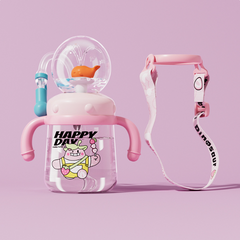 Pink baby sippy cup with dinosaur straw, 'Happy Day' print, and detachable strap for toddlers