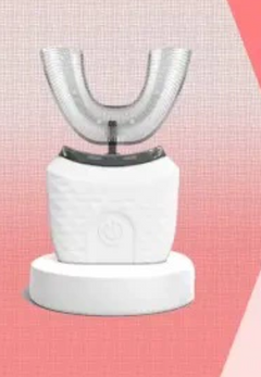 White U-shaped teeth whitening device with power button on pink background