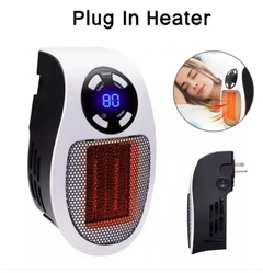 Compact plug-in space heater with digital display, adjustable settings, and safety grille for cozy home warmth