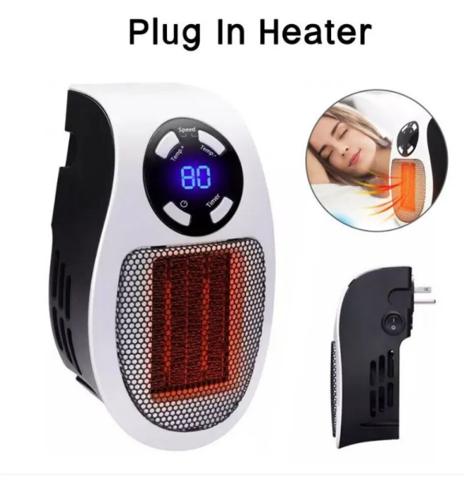 Compact plug-in space heater with digital display, adjustable thermostat, and safety grille for cozy home warmth