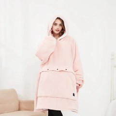 Pink hooded wearable blanket with pockets, cozy oversized robe for lounging at home